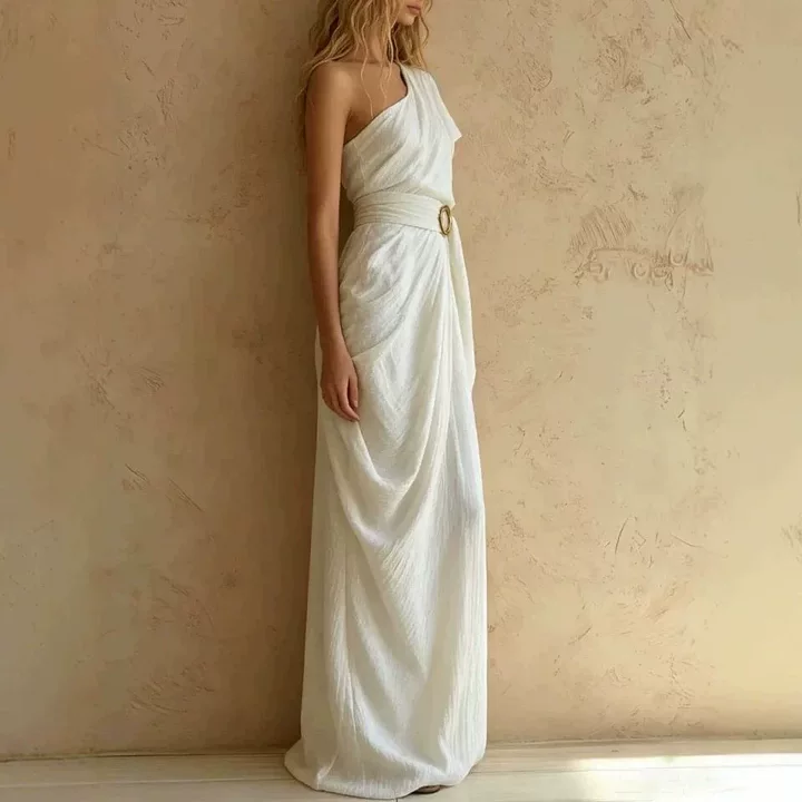 One Shoulder Draped Belted Textured Maxi Dress