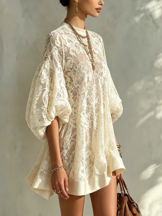 Cream Lace Mini Dress Mock Neck Puff Lantern Sleeve Loose Oversized Boho Cover‑Up Dress