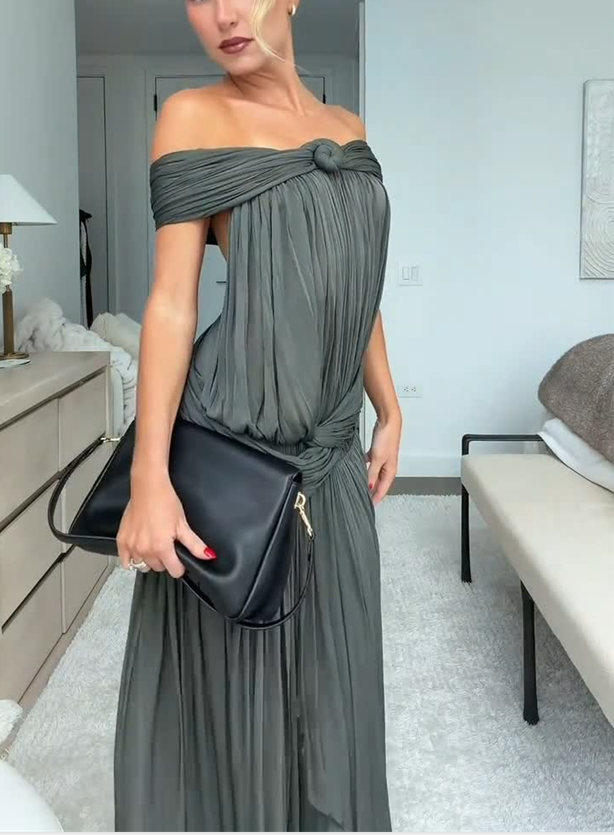 Off Shoulder Twist Detail Draped Pleated Maxi Dress
