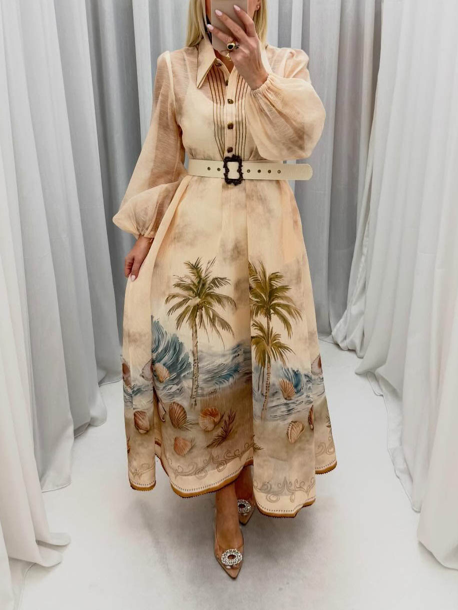 Exquisite Ocean Shell Print Shirt Maxi Dress