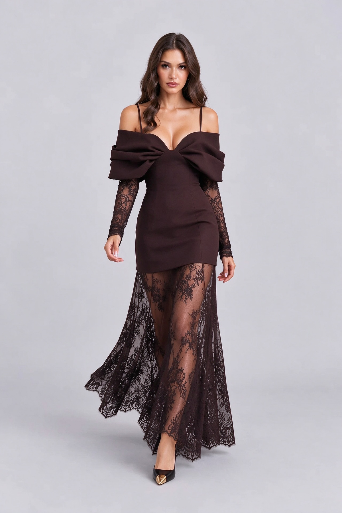 Women Black Cold Shoulder Bow Mini Dress and Sheer Lace Maxi Skirt Two Piece Set