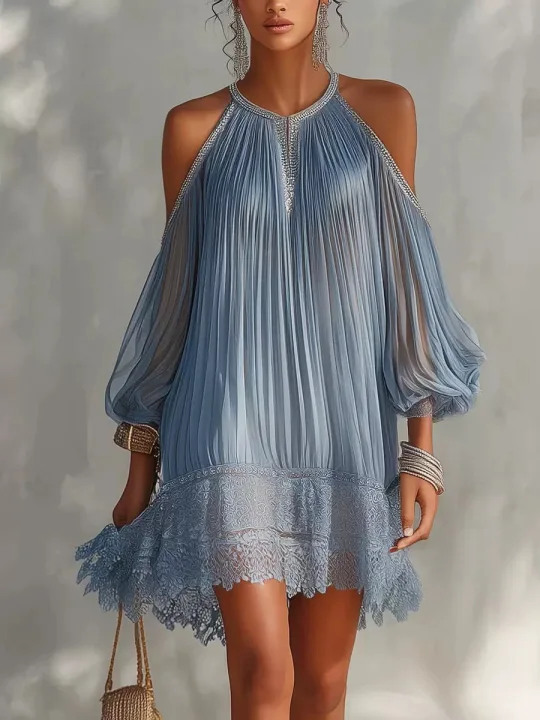 Blue Cold‑Shoulder Beaded Pleated Lace Hem Loose Boho Mini Dress