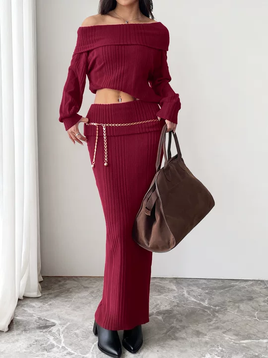 Burgundy Ribbed Knit Two Piece Set Off‑Shoulder Long Sleeve Crop Top Maxi Skirt Matching Outfit