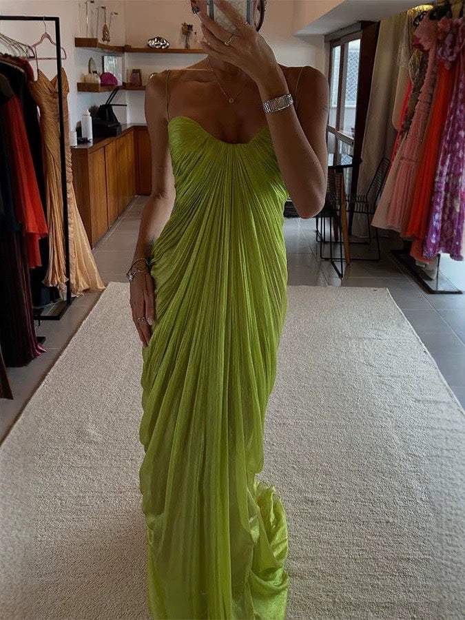 Lime Green Pleated Strapless Maxi Dress – Sweetheart Neck Mermaid Gown With Train