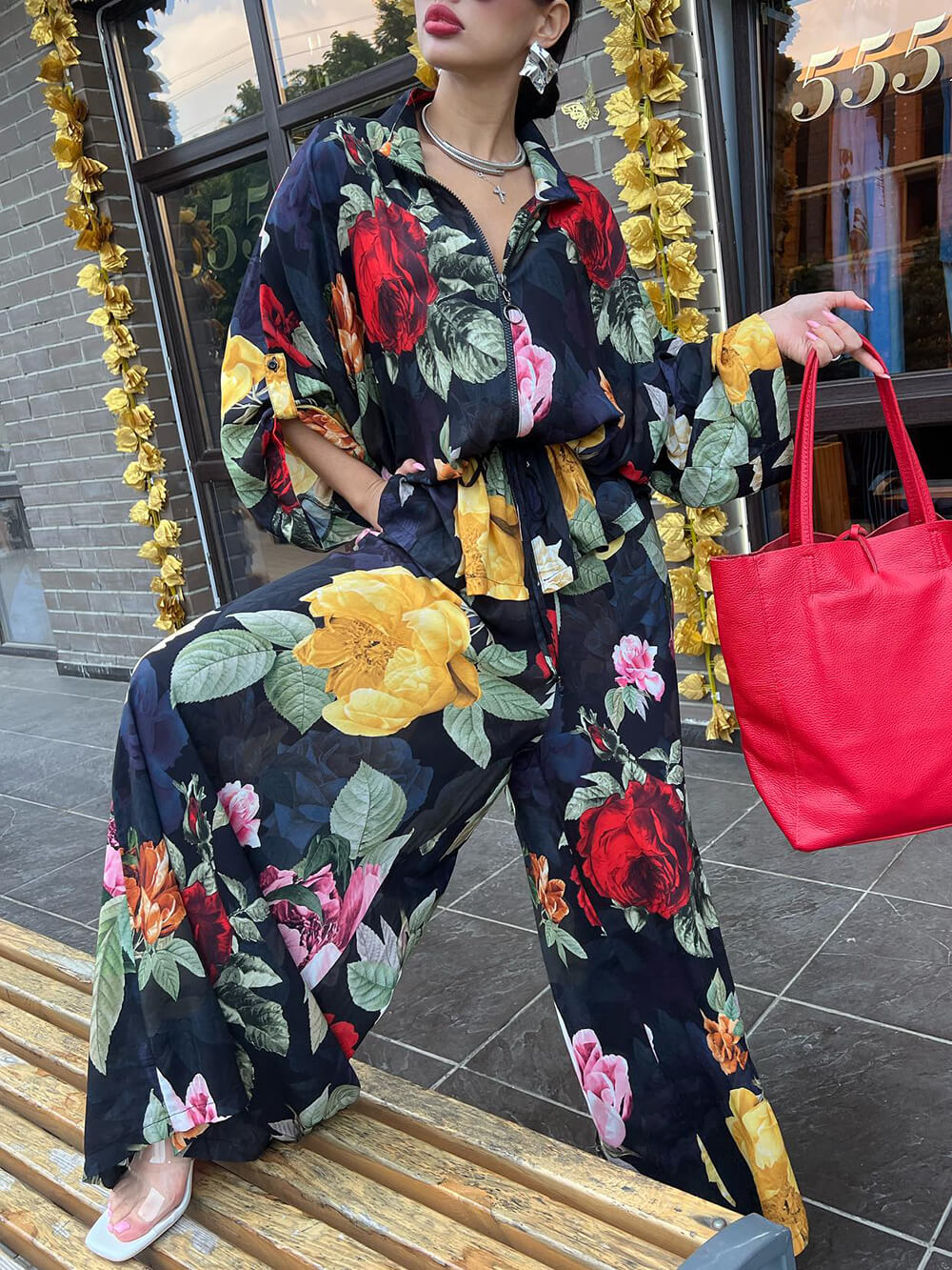 Pantalon ample à jambes larges, avec poches et taille élastique, à imprimé original et élégant