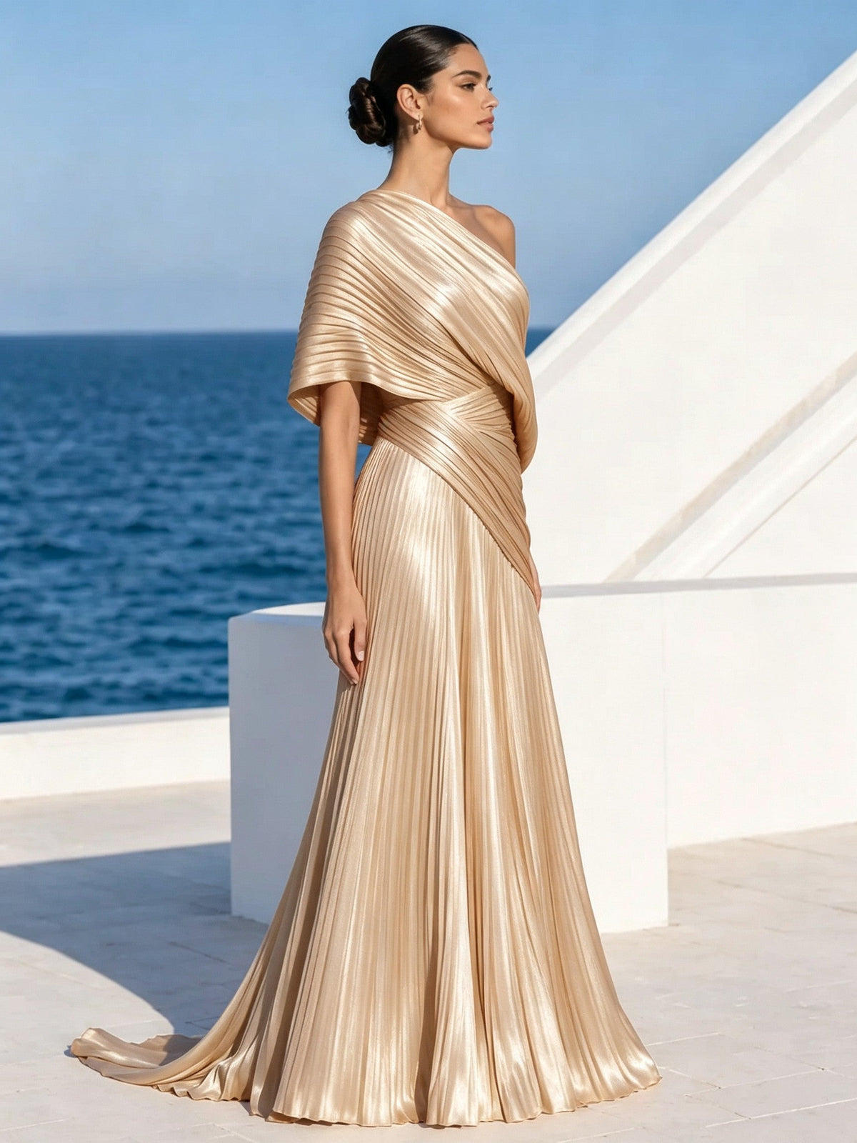 Vestido largo plisado naranja vibrante de un solo hombro – vestido de estilo griego