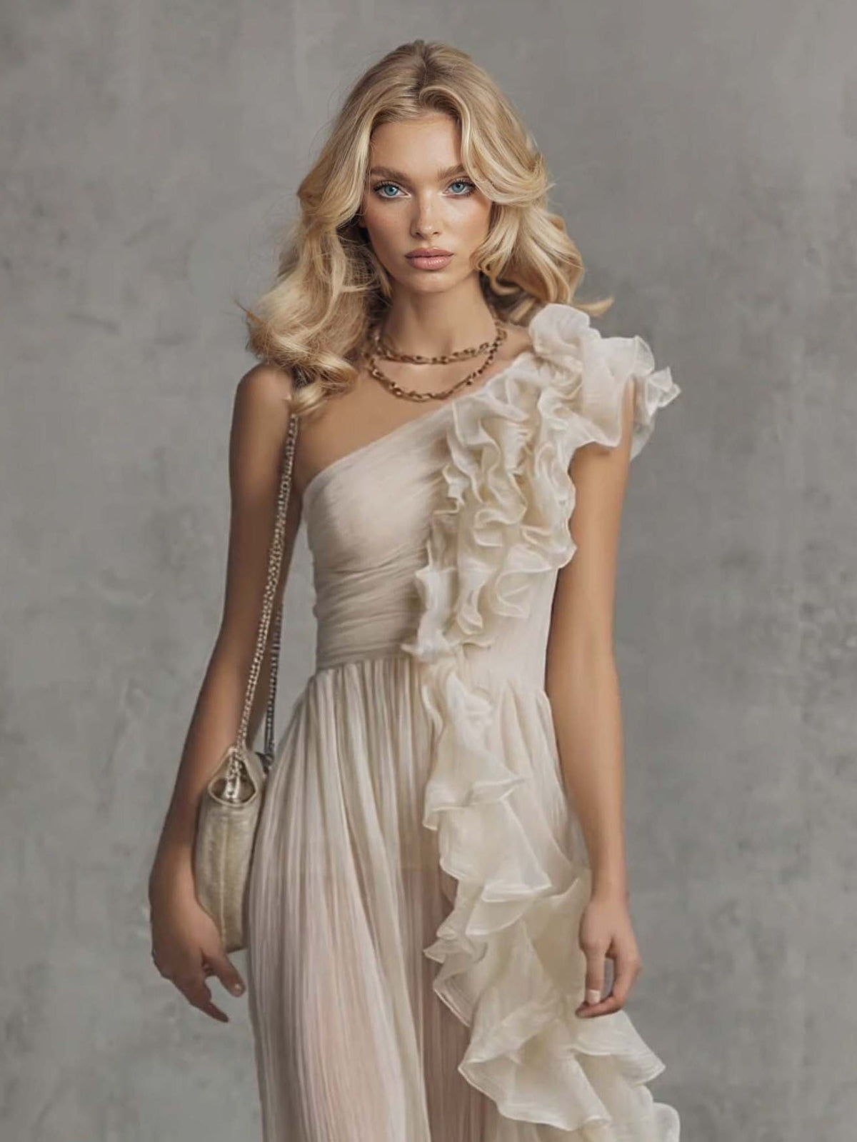 Elegant One-Shoulder Ruffle Chiffon Pleated Maxi Dress