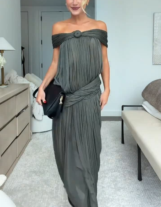 Off Shoulder Twist Detail Draped Pleated Maxi Dress