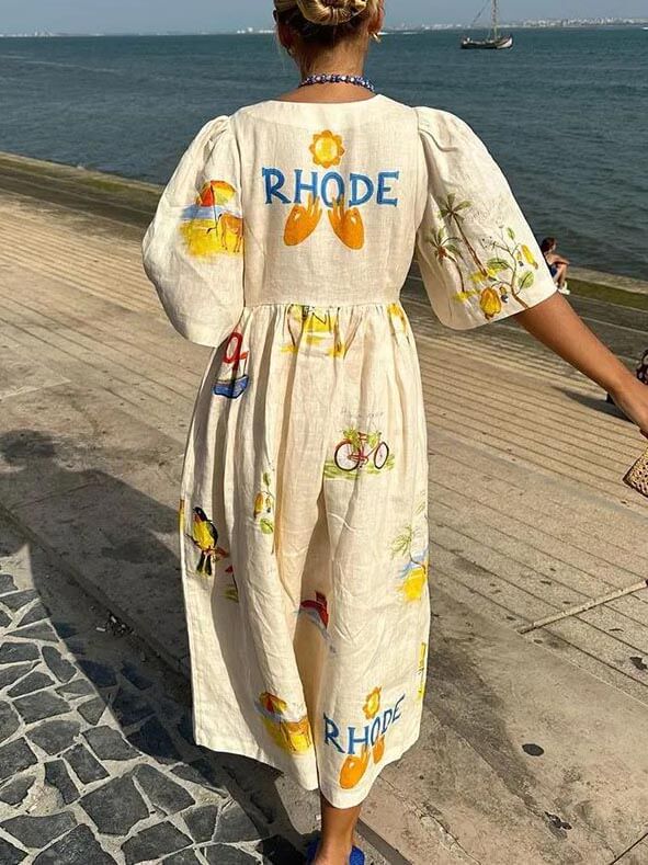 Robe midi de vacances à manches bouffantes et imprimé floral folklorique unique