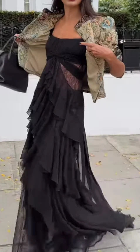 Vintage Brocade Cropped Jacket and Ruffle Maxi Dress Two Piece Set