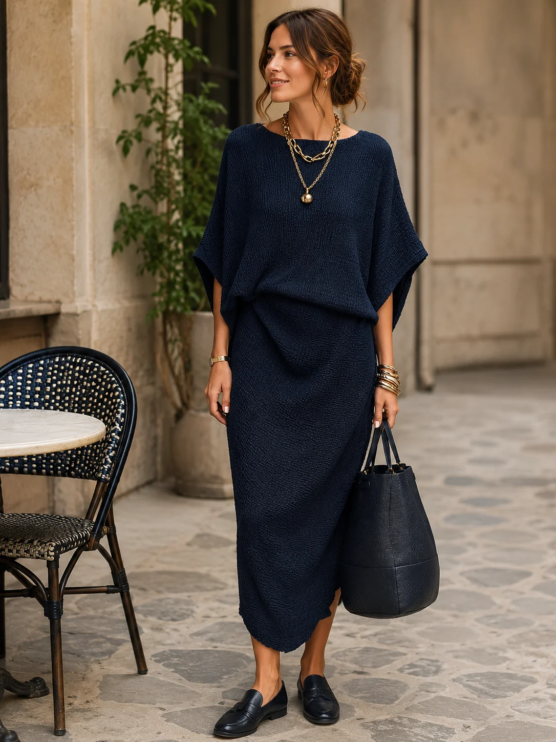 Robe longue bleu marine à la coupe décontractée et à la texture bohème