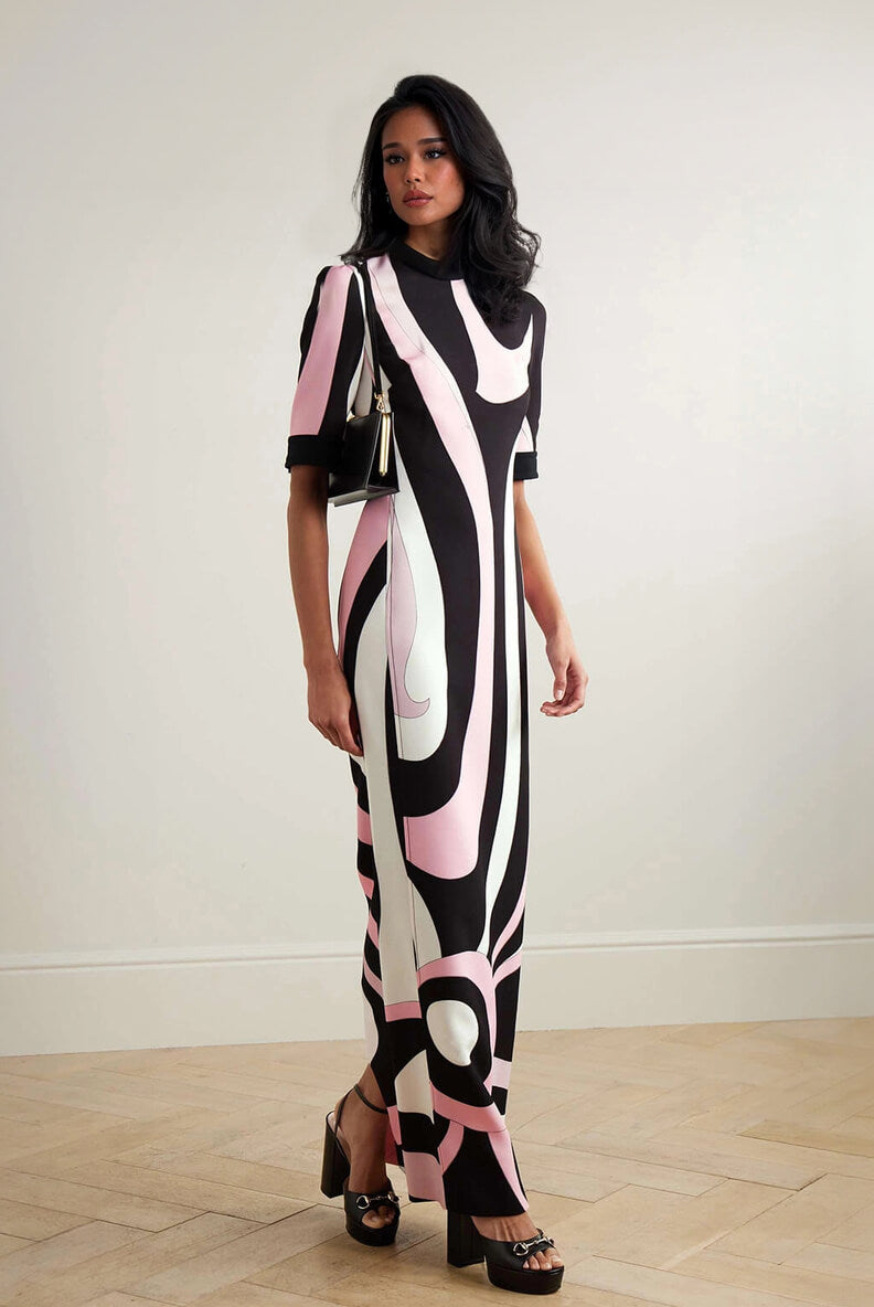 Retro-Inspired Unique Printed Satin Crinkle Maxi Dress