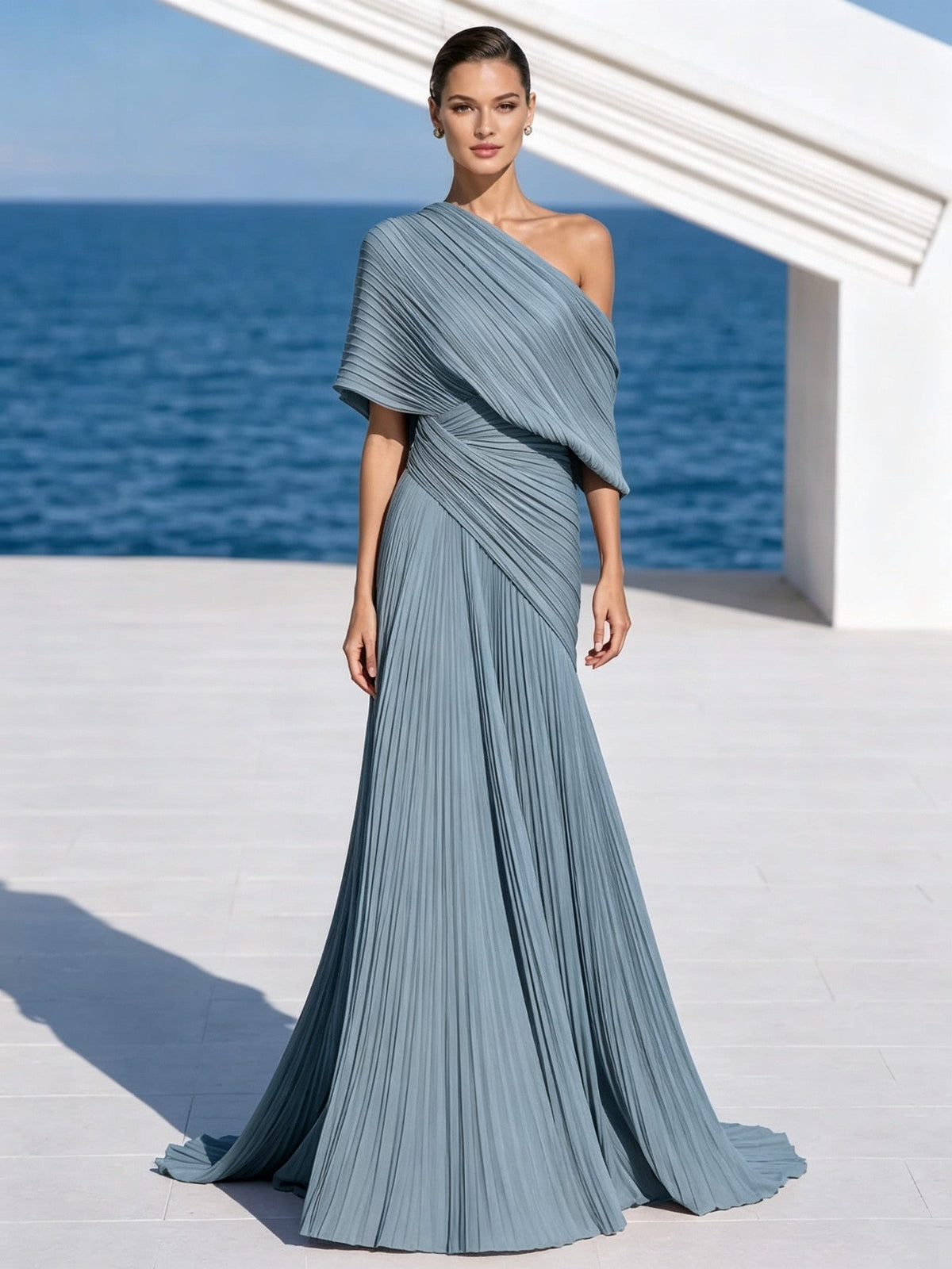 Vestido largo plisado naranja vibrante de un solo hombro – vestido de estilo griego