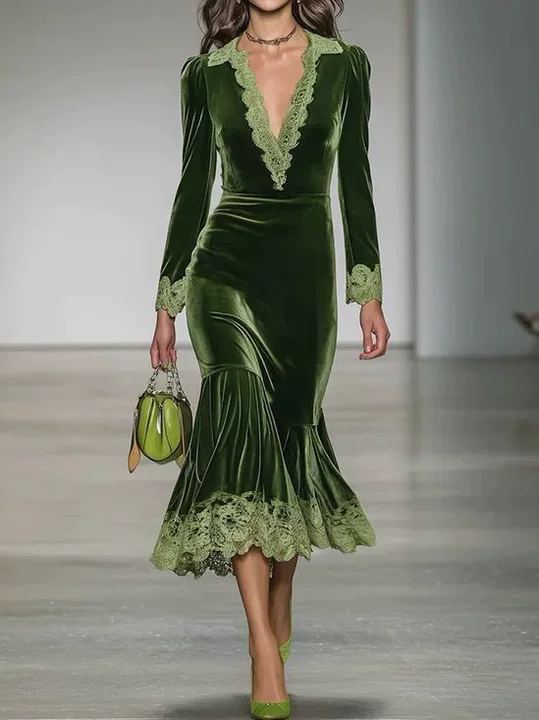 Green Velvet Lace Midi Dress Deep V Neck Long Sleeve Bodycon Mermaid Evening Dress