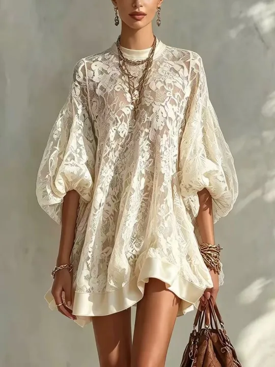 Cream Lace Mini Dress Mock Neck Puff Lantern Sleeve Loose Oversized Boho Cover‑Up Dress