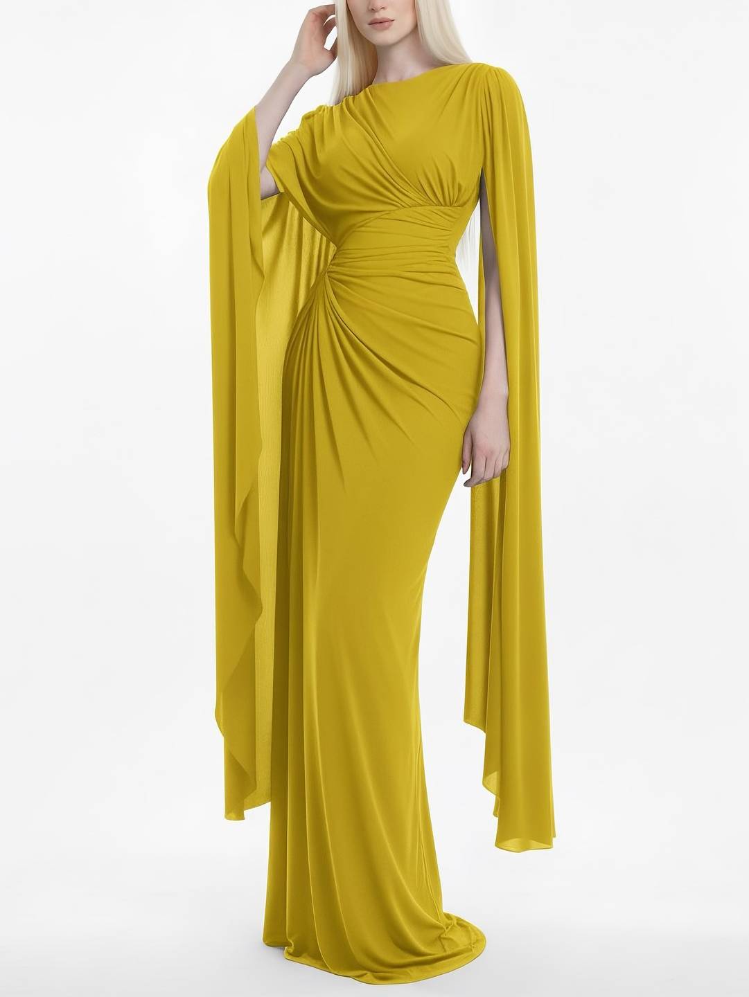 Robe longue ajustée à col bateau et plis