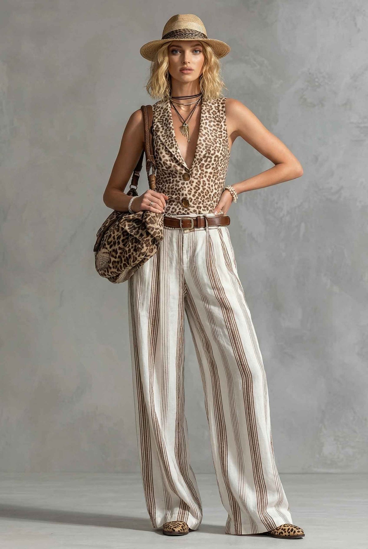 Set con gilet leopardato e pantaloni a gamba larga a righe