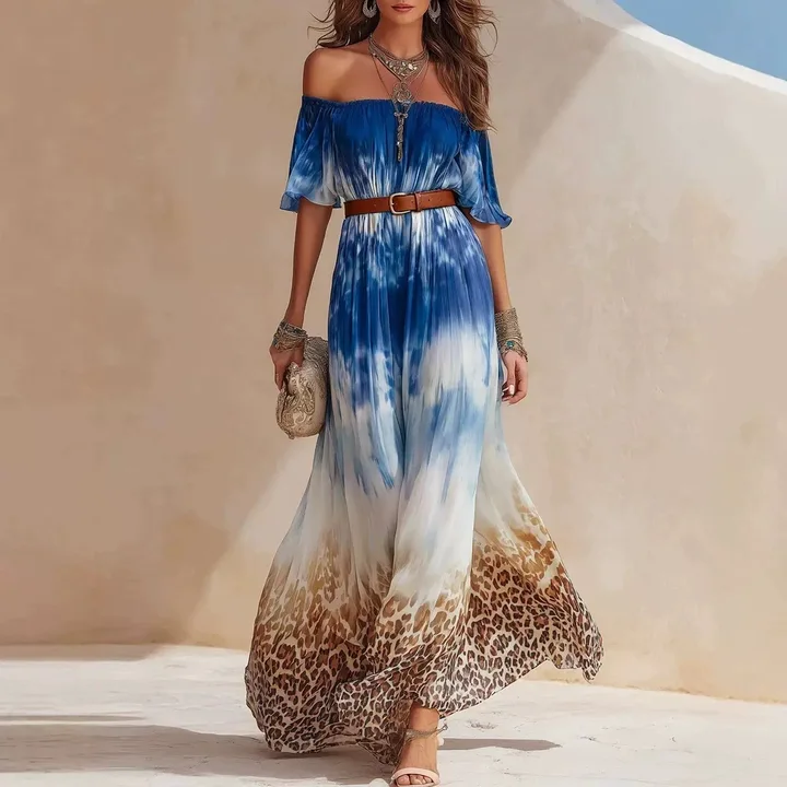 Tie‑Dye Leopard Off‑Shoulder Maxi Dress Short Flutter Sleeve Belted Boho Vacation Maxi Dress