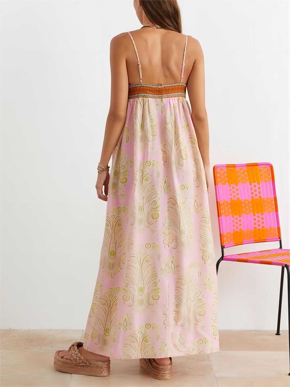 Vestido midi bósnio com estampado floral folclórico e alças finas