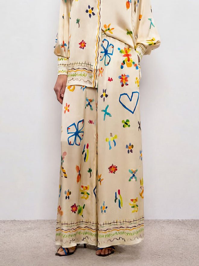 Ensemble deux pièces unique en satin avec chemise boutonnée à col à imprimé aquarelle peint à la main