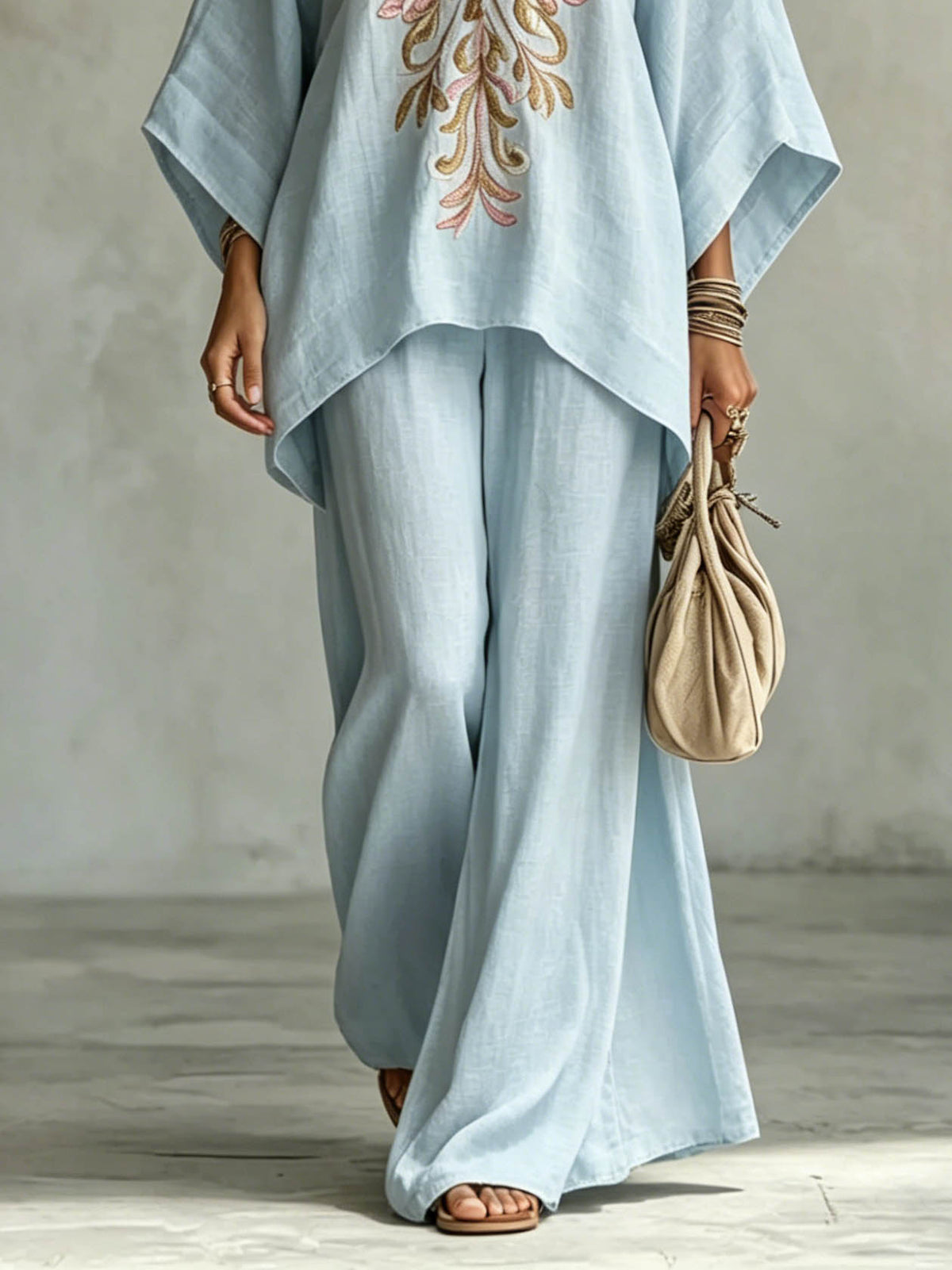 Casual Embroidered V-Neck Batwing Sleeve Shirt Two-Piece Set