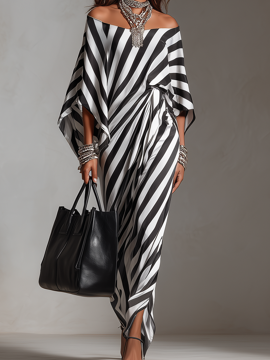 Elegantes schulterfreies Maxikleid mit Streifen, fließenden Fledermausärmeln und asymmetrischem Saum für Resort und Abendgarderobe