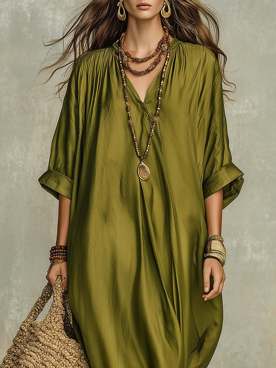 Maxi abito boho verde oliva dal taglio morbido