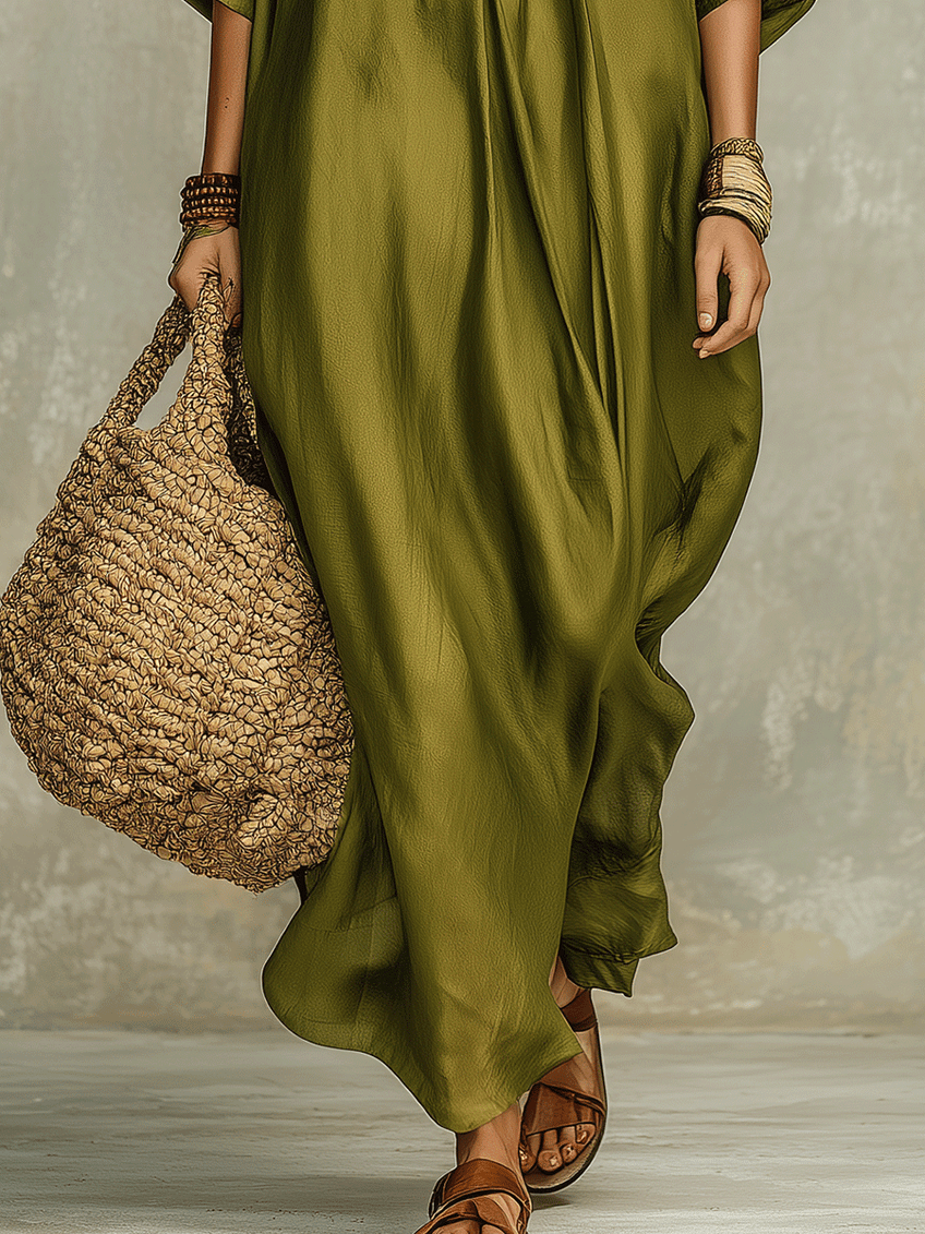 Maxi abito boho verde oliva dal taglio morbido
