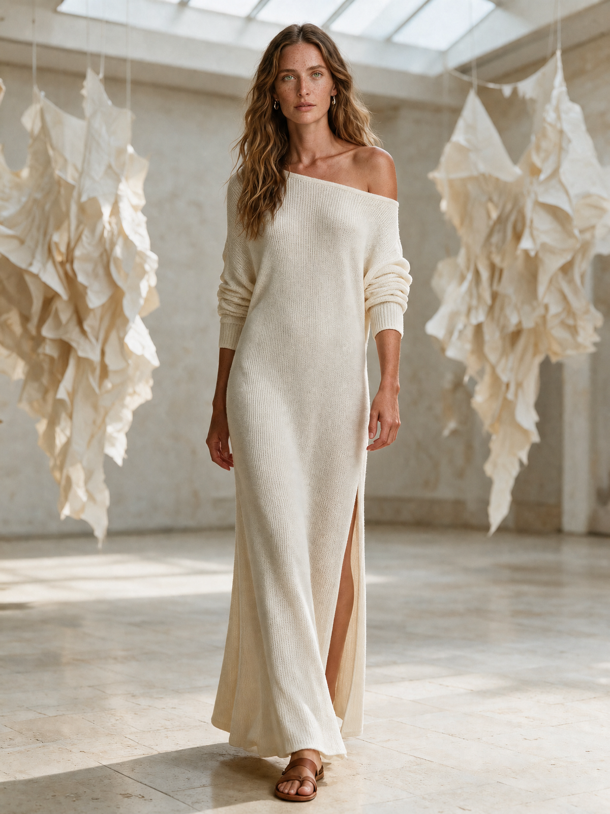 Maxivestido bohemio de un hombro con textura, en marfil suave