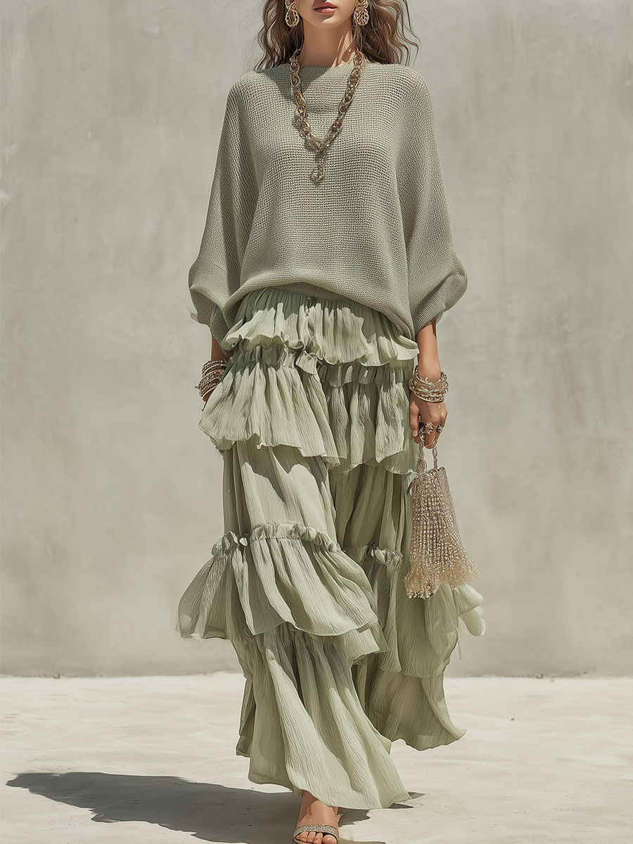 Completo boho con maglione verde salvia e gonna con volant