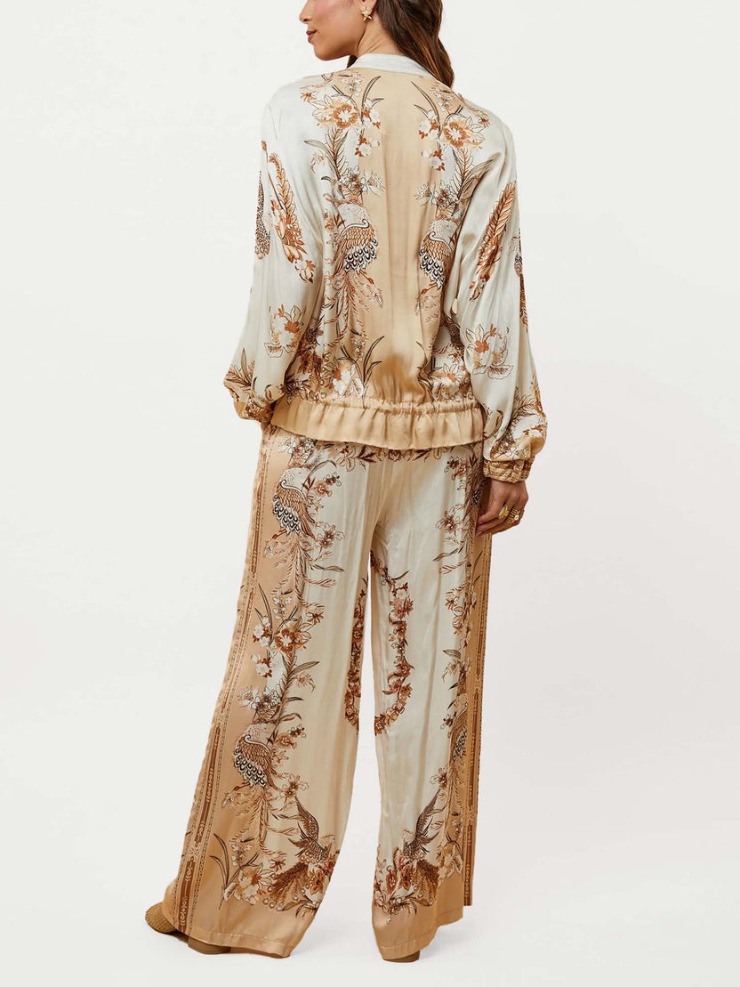Completo due pezzi vintage con giacca bomber con stampa di uccelli e chiusura a zip e pantaloni a gamba larga