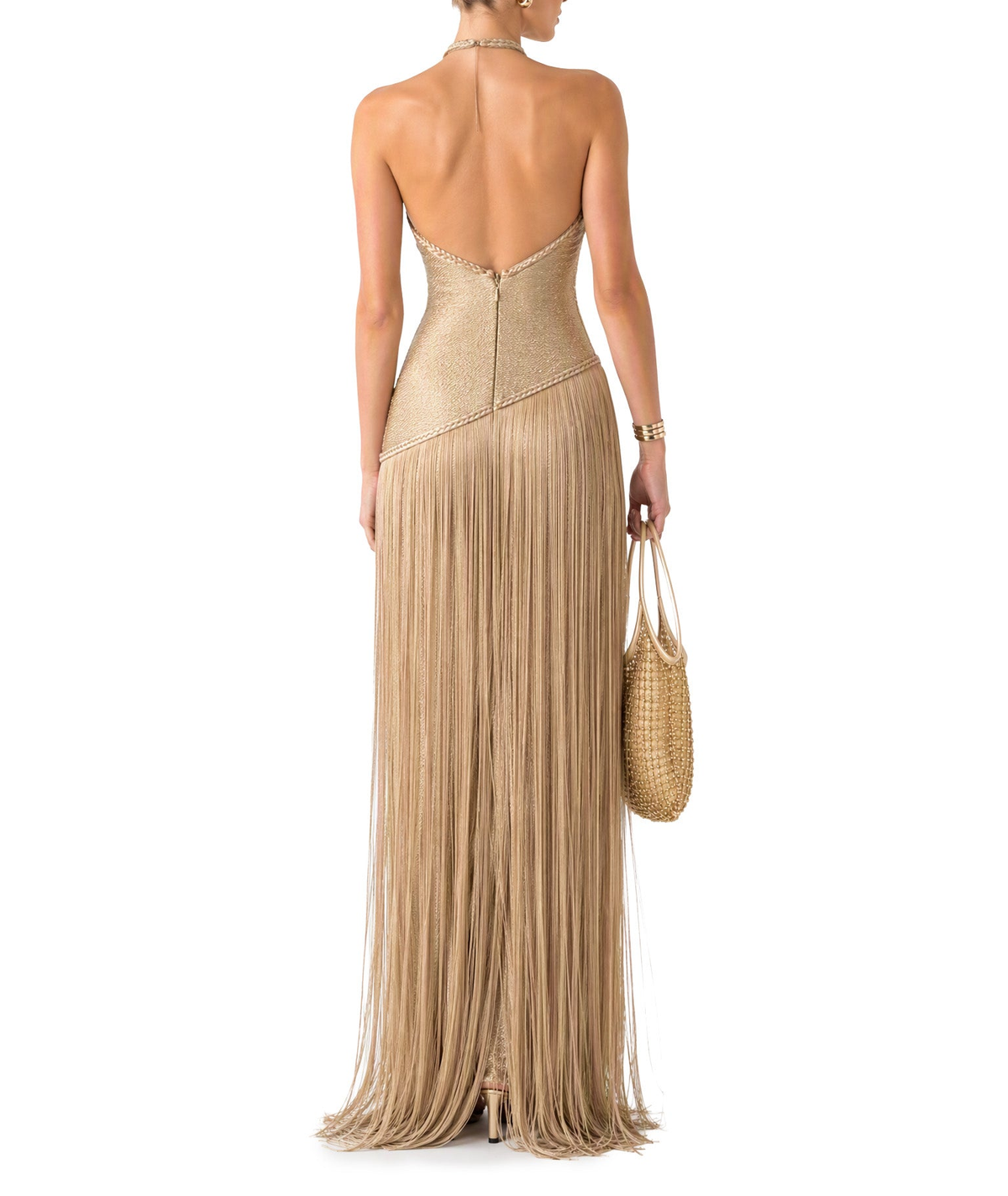 Abito lungo glamour dorato con scollo all’americana e frange