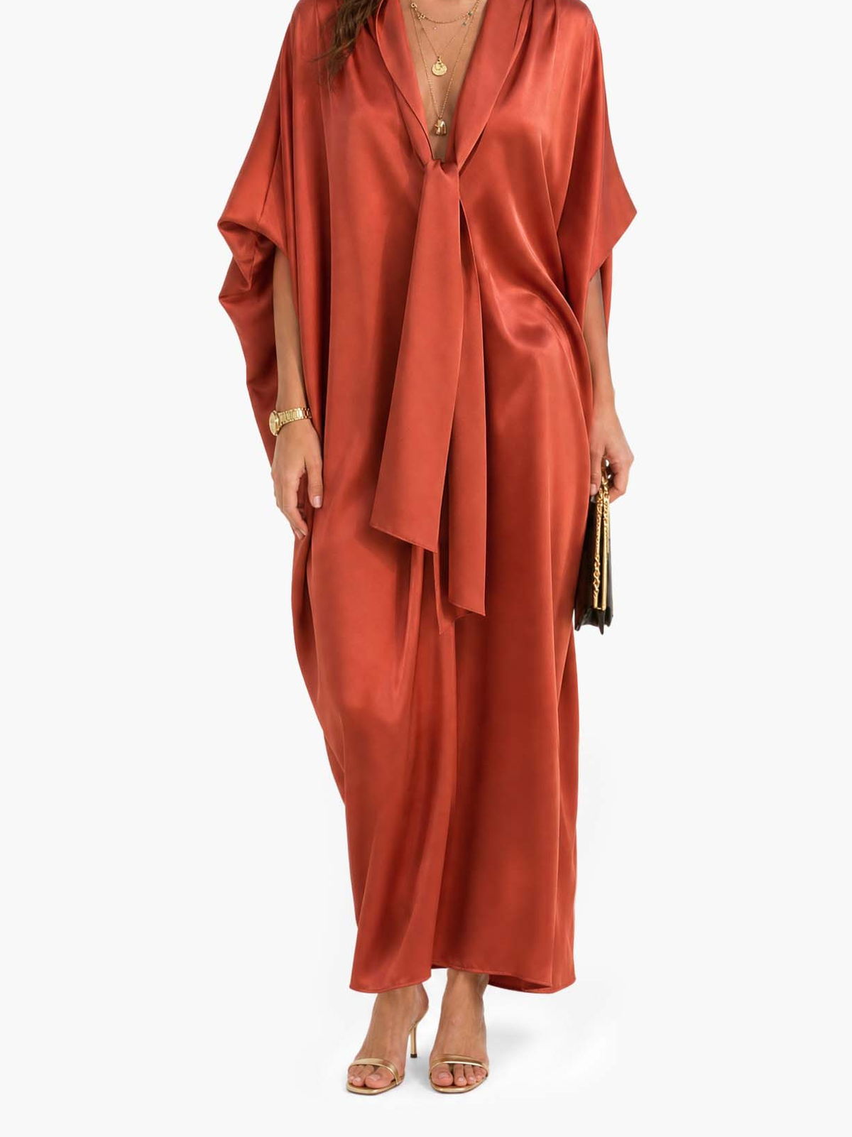 Abito caftano avvolgente in seta color ocra – abito da resort di lusso boho con scollo a V e nodo drappeggiato sul davanti