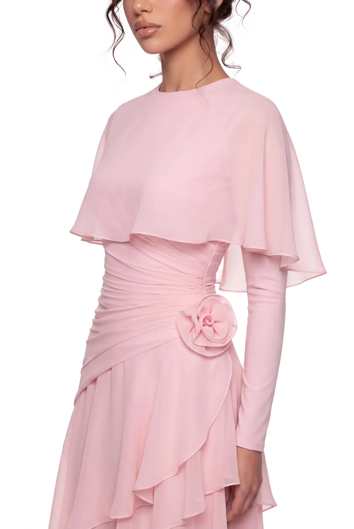 Maxiabendkleid aus pinkfarbenem Chiffon mit Capeärmeln, Volants, Raffungen an der Taille