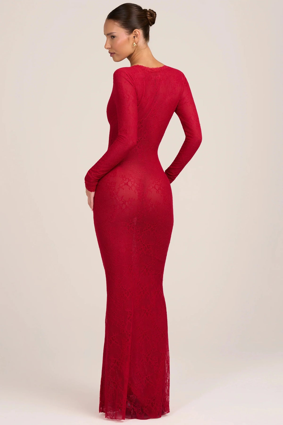 Deep V-Neck Long Sleeve Sheer Mesh Slim Fit Maxi Dress