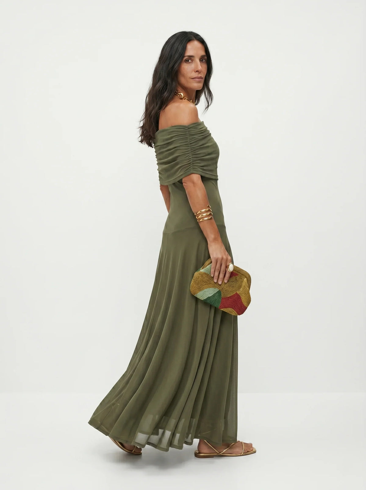 Robe longue pour femme à une épaule, en maille drapée à imprimé abstrait