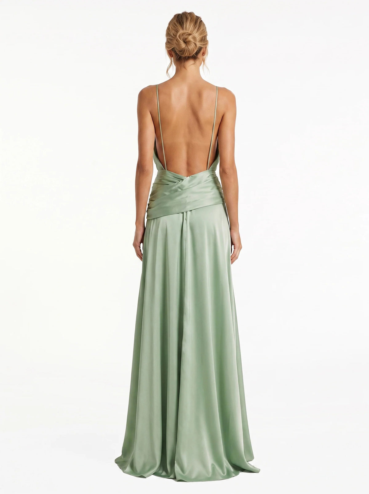 Sage Green Satin Deep V-Neck Ruched Maxi Gown
