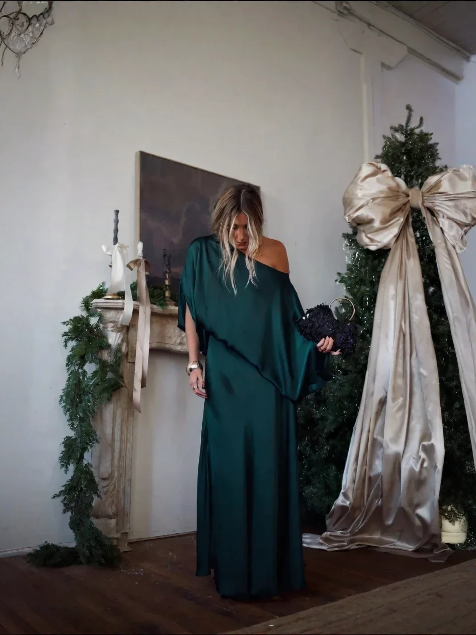 Emerald Green Satin One-Shoulder Top Draped Asymmetrical Set Skirt