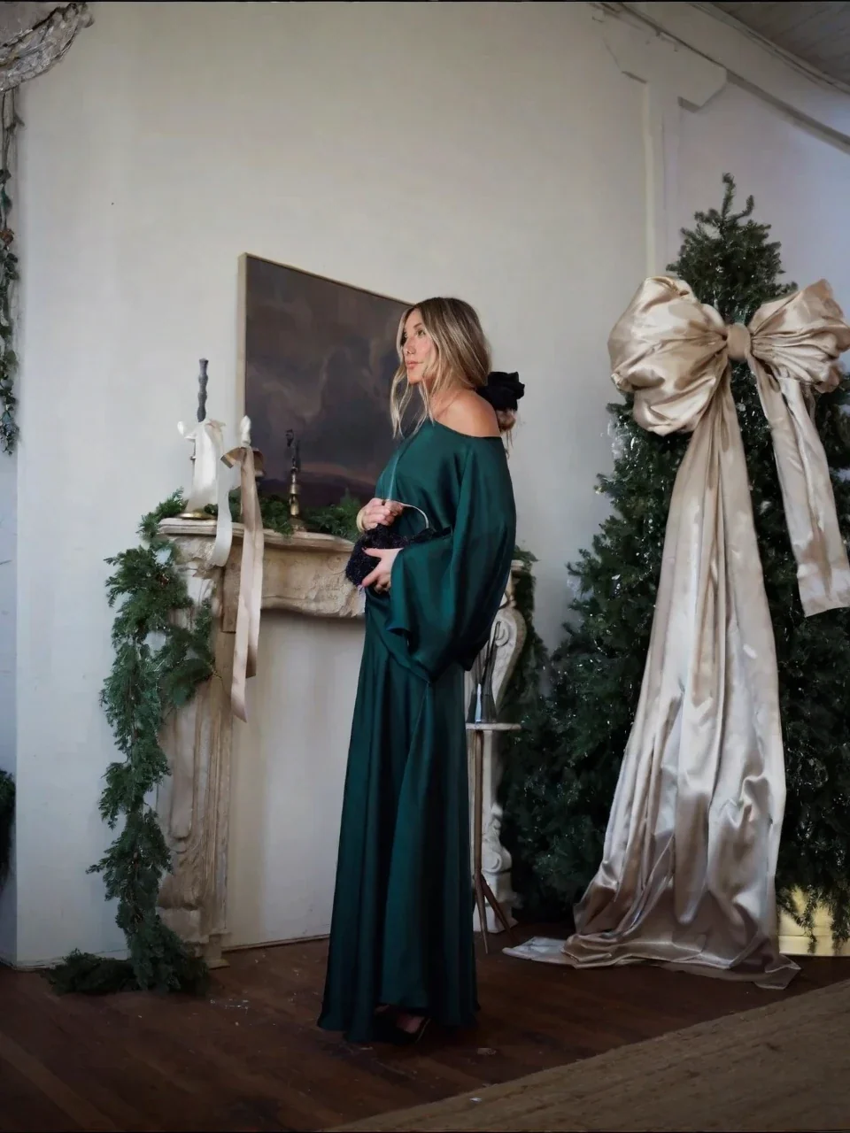 Emerald Green Satin One-Shoulder Top Draped Asymmetrical Set Skirt