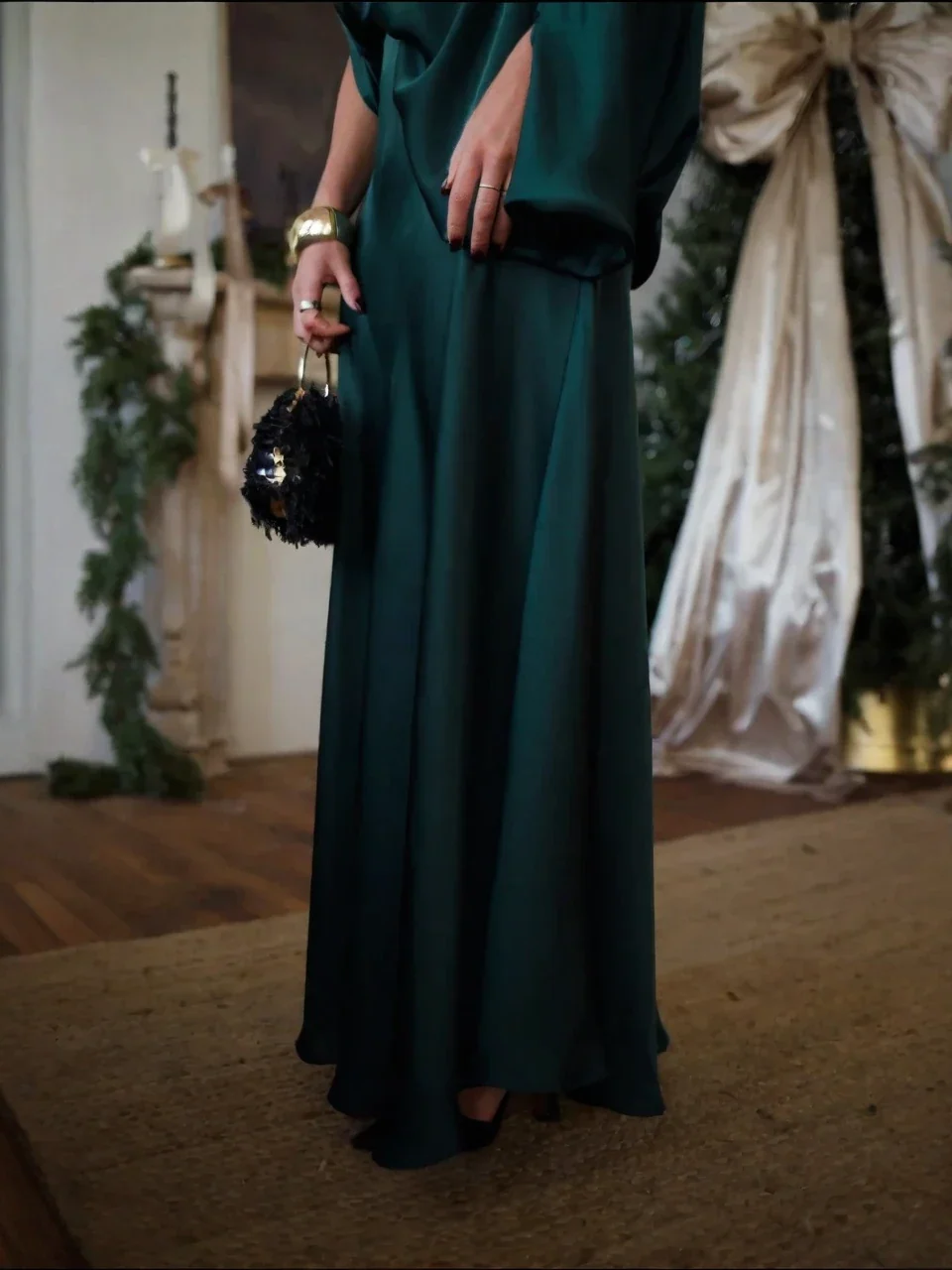 Emerald Green Satin One-Shoulder Top Draped Asymmetrical Set Skirt