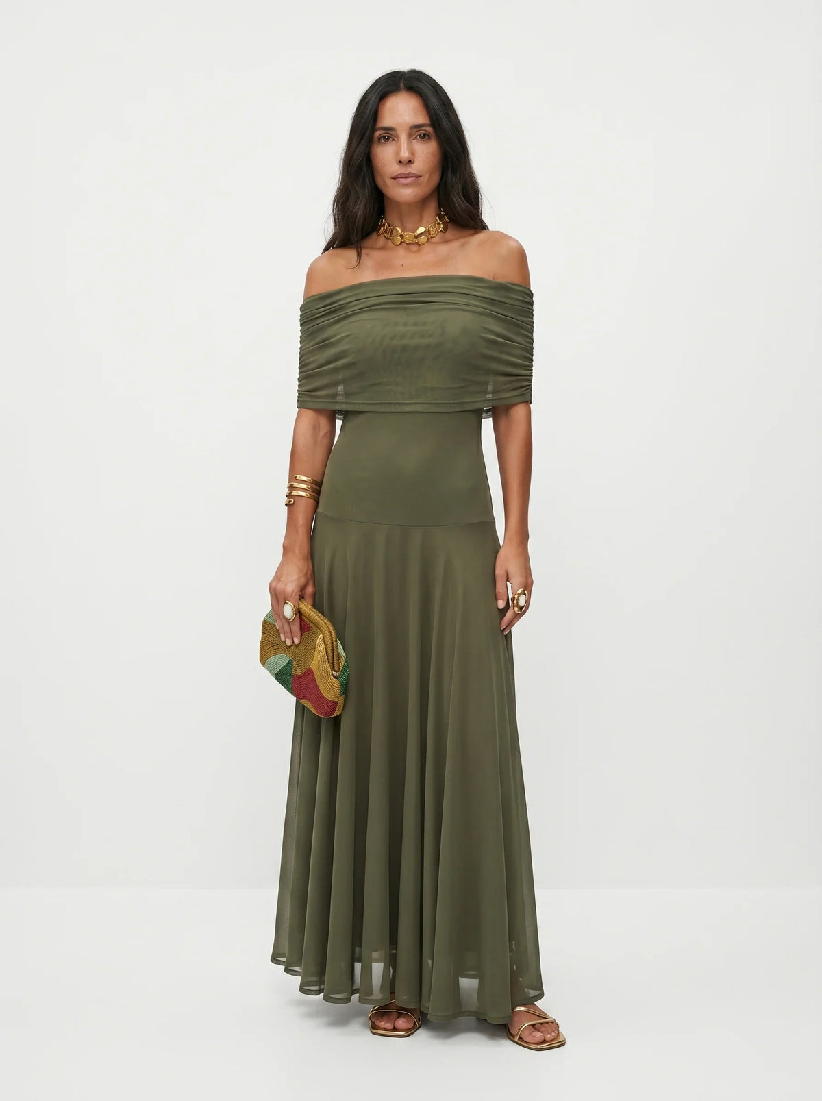 Robe longue pour femme à une épaule, en maille drapée à imprimé abstrait