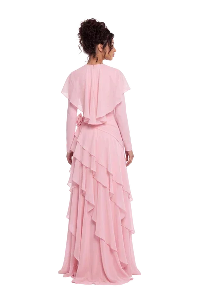 Maxiabendkleid aus pinkfarbenem Chiffon mit Capeärmeln, Volants, Raffungen an der Taille
