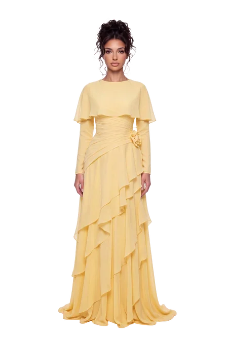 Maxiabendkleid aus pinkfarbenem Chiffon mit Capeärmeln, Volants, Raffungen an der Taille