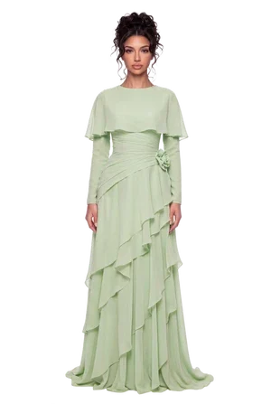 Maxiabendkleid aus pinkfarbenem Chiffon mit Capeärmeln, Volants, Raffungen an der Taille