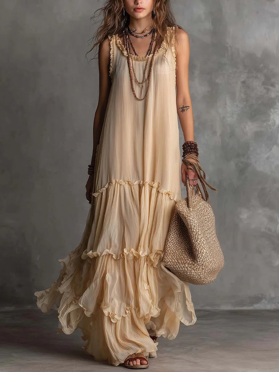 Vestido de chiffon boémio sem mangas, com decote redondo, gola com costas descobertas e folhos em camadas