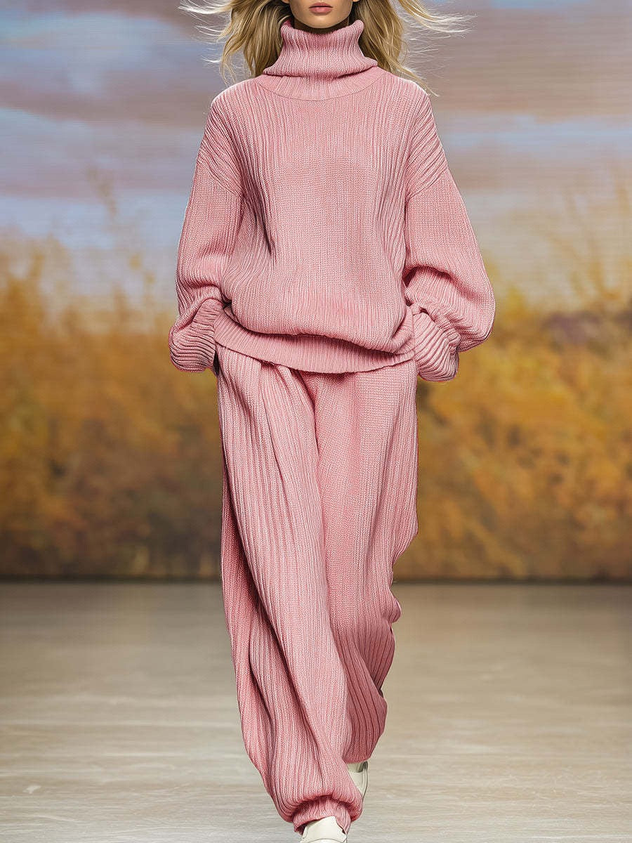Completo oversize in maglia a coste: maglione a dolcevita e pantaloni jogger a gamba larga