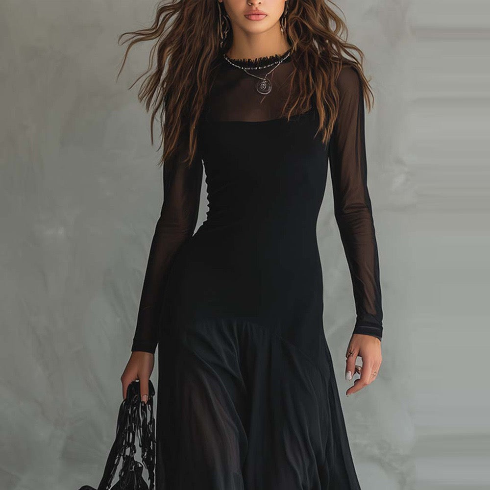 Schwarzes, transparentes Maxikleid in A-Linie mit langen Ärmeln, Netzüberzug und hoher Taille