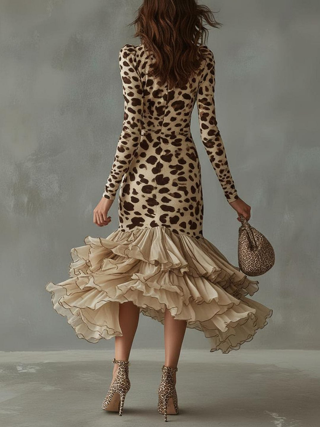 Vestido maxi com estampado de leopardo, decote em V profundo, mangas compridas, folhos e bainha assimétrica