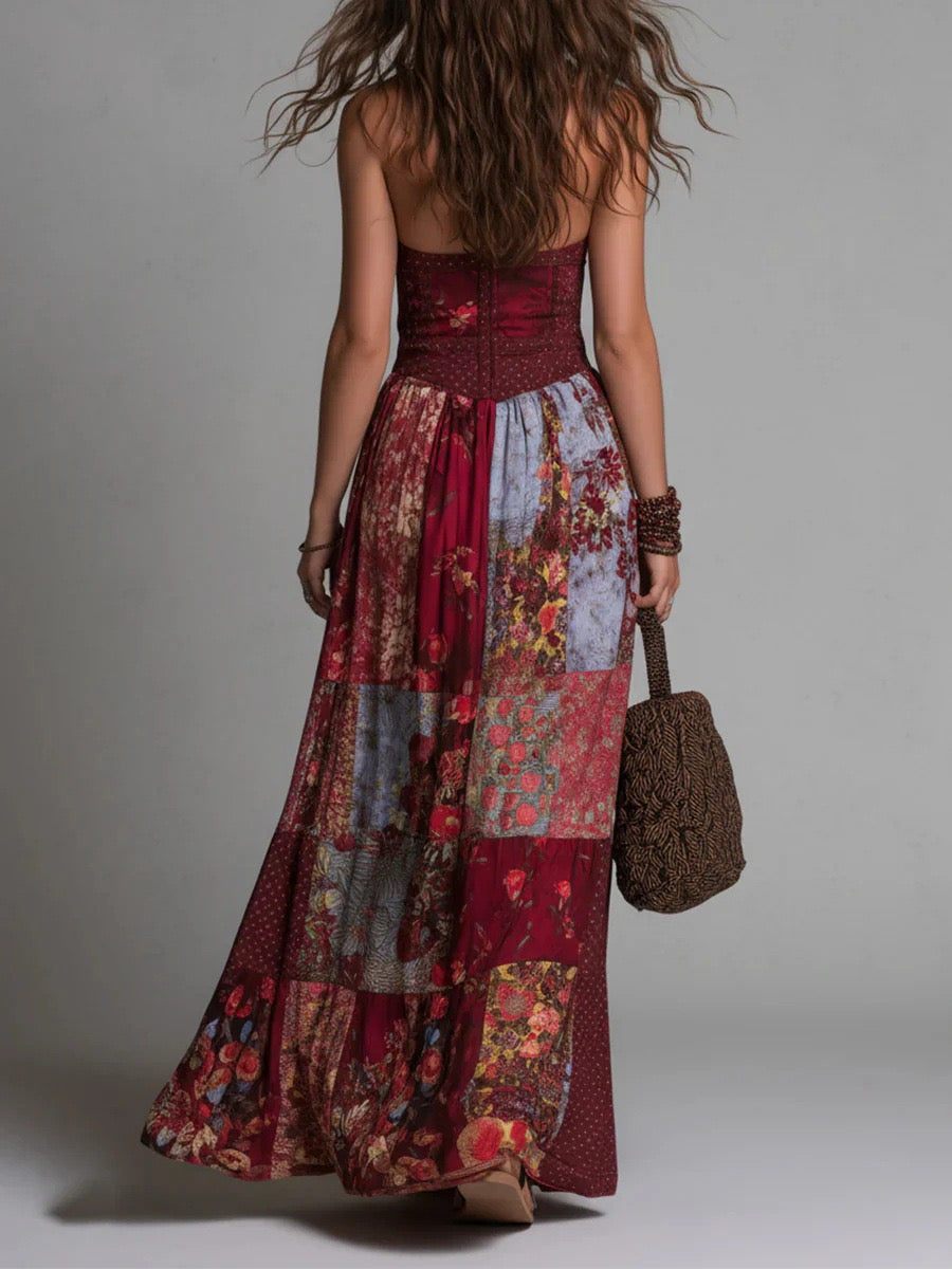 Maxikleid im Boho-Stil mit V-Ausschnitt und floralem Patchwork-Print – kunstvolles Sommerkleid für Damen