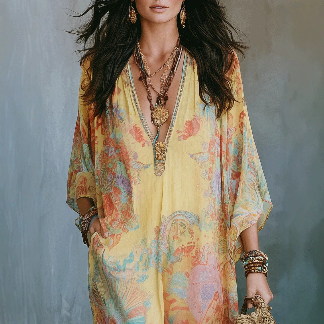 Abito lungo boho in chiffon con stampa floreale e maniche a pipistrello